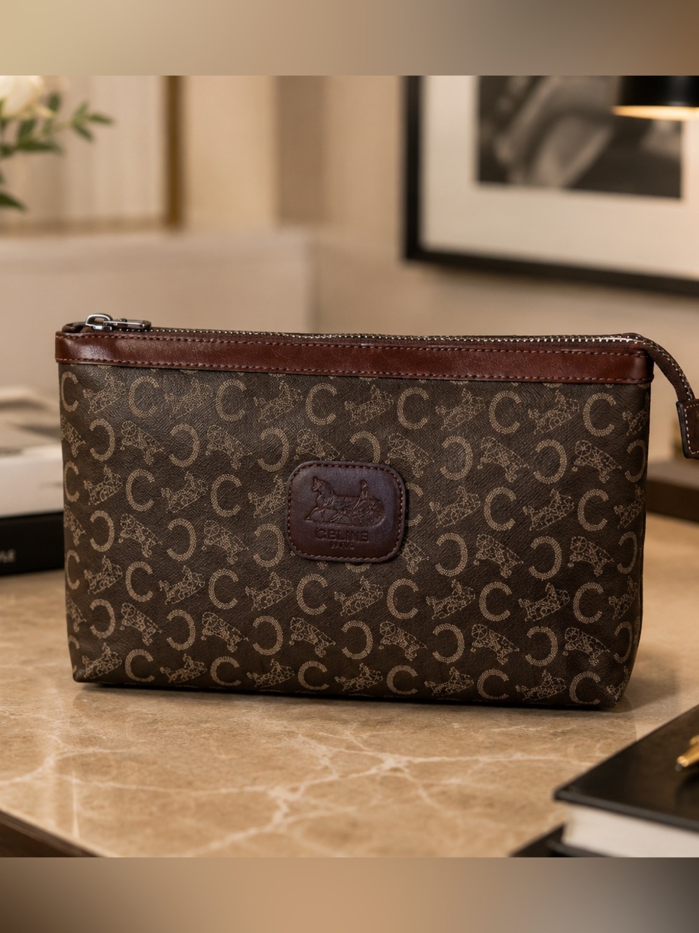 Authentic Vintage Celine Monogram Canvas Travel Toiletry Pouch Cosmetic Bag